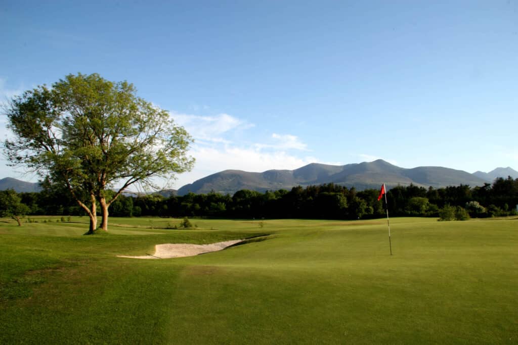 Panoramic view of Lackabane golf course surrounded by trees and open landscape