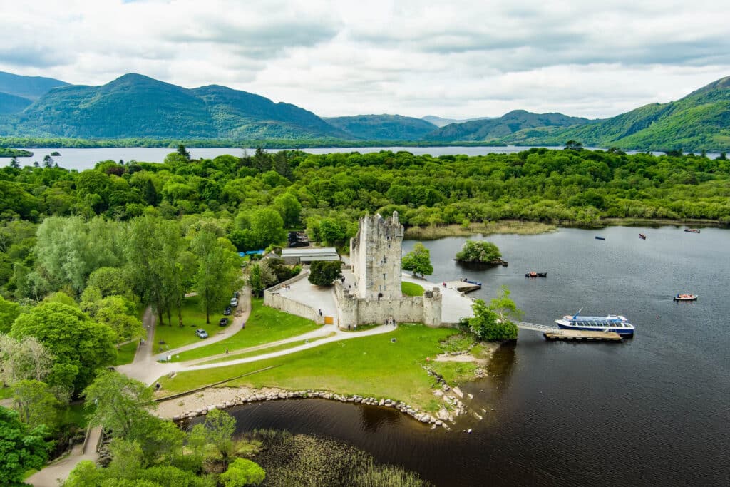 Aerial view of Ross Castle, 15th-century tower house and keep on the edge of Lough Leane, in Killarney National Park, County Kerry, Ireland.