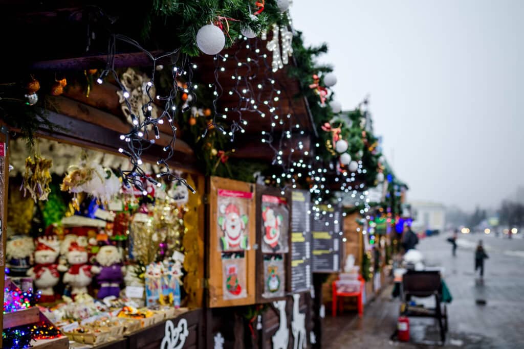 Beautiful decorations at the Christmas market in the center of the city