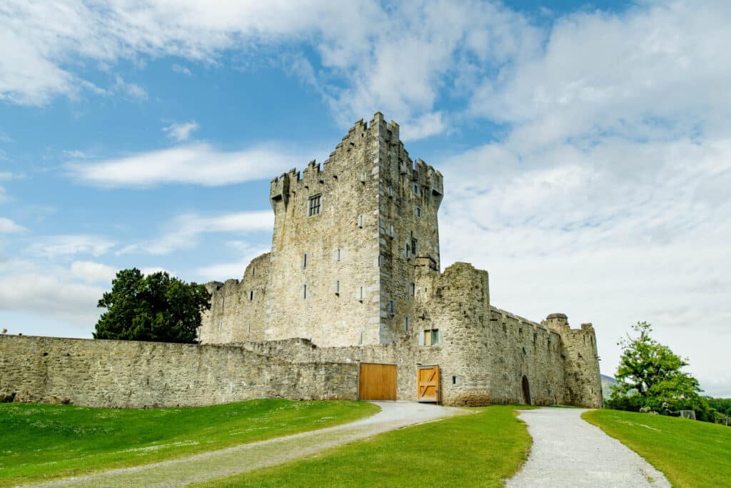 Aerial view of Ross Castle, 15th-century tower house and keep on the edge of Lough Leane, in Killarney National Park, County Kerry, Ireland.